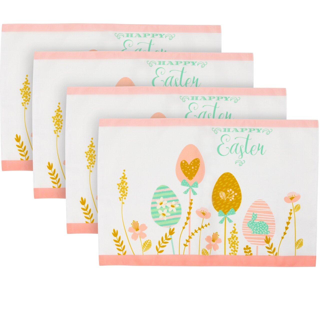 Northlight Pastel Eggs Happy Easter Floral Placemats - 18" - White and Pink - Set of 4